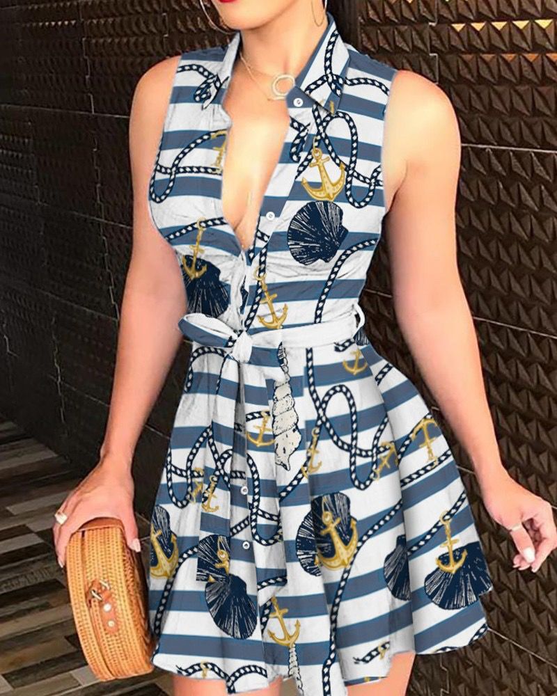 Sexy Sleeveless Dress with Collar and Waist Tie ZC3208