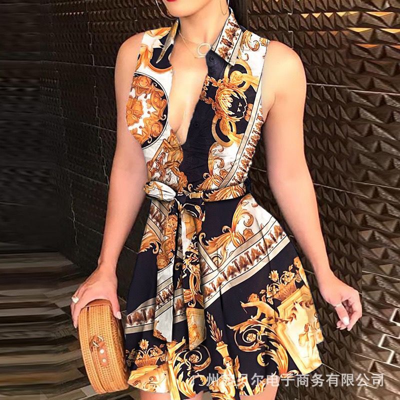 Sexy Sleeveless Dress with Collar and Waist Tie ZC3208