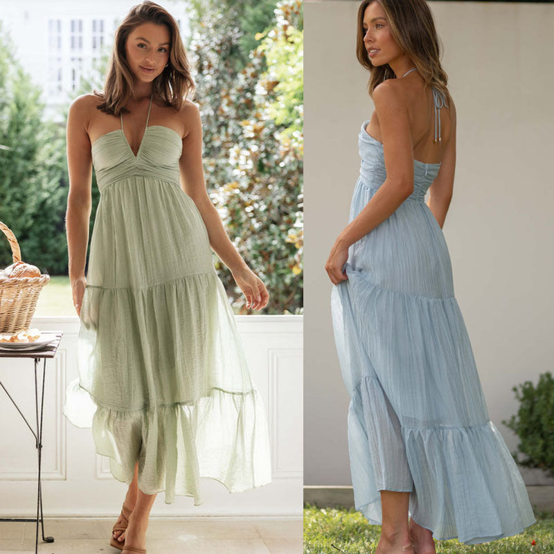2023 Women's Long Spliced Dress with V-Neck and Sleeves
