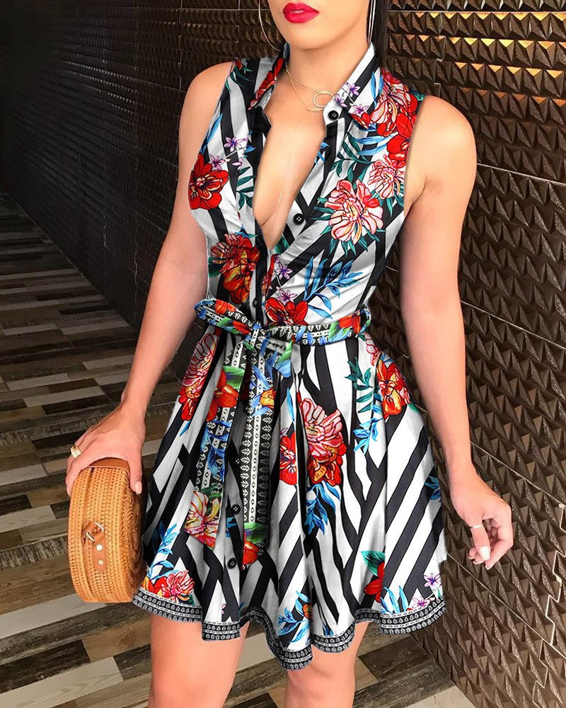 Sexy Sleeveless Dress with Collar and Waist Tie ZC3208