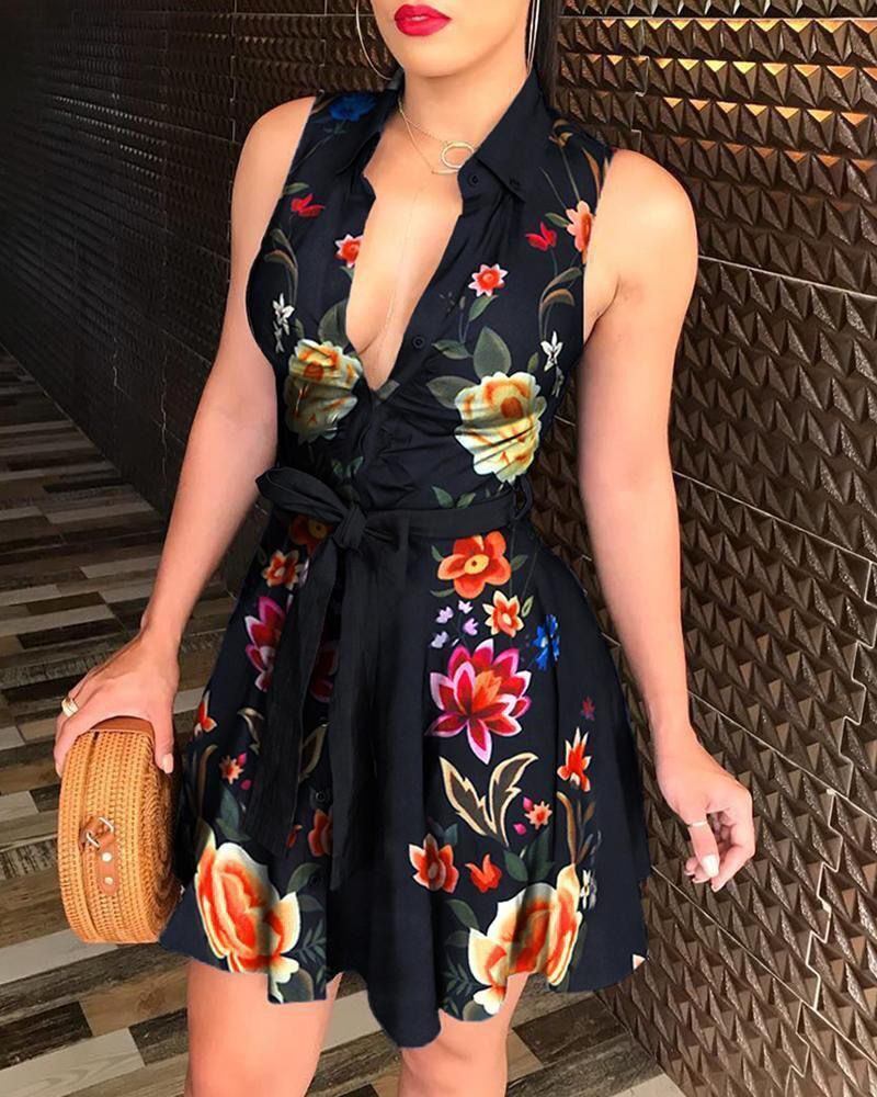 Sexy Sleeveless Dress with Collar and Waist Tie ZC3208