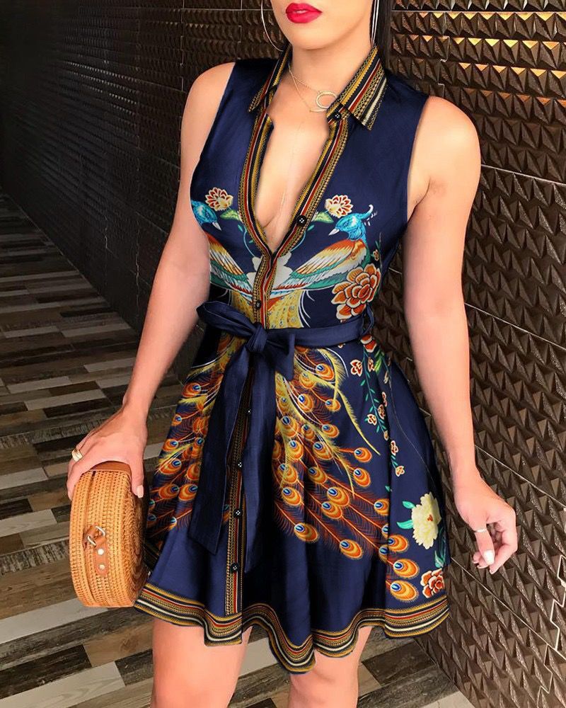 Sexy Sleeveless Dress with Collar and Waist Tie ZC3208